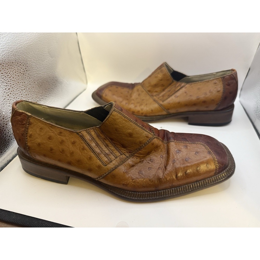 Stacy Adams Ostrich Print Leather Slip On Loafers Brown Spain Size 9